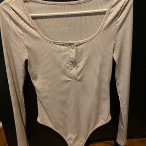 Women's Beige Ribbed Long Sleeve Bodysuit